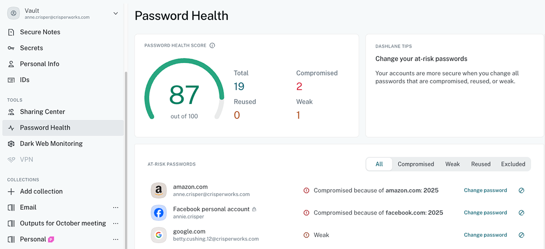 Dashlane Password Health: compromised, reused and weak passwords