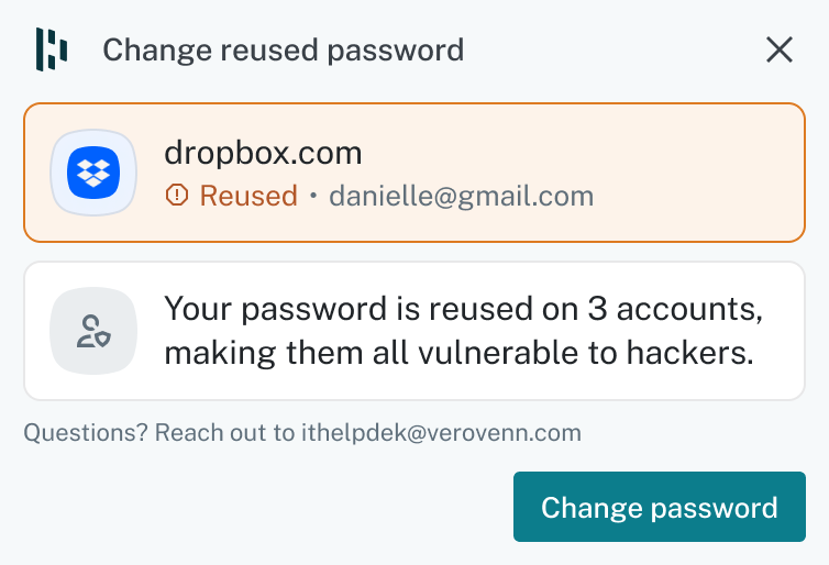 Dashlane browser alert about a reused password, with a change-password action