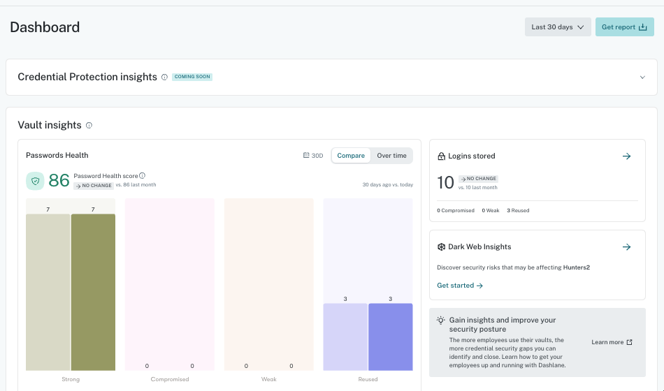 Dashlane Admin Console: Vault insights and Password Health over time
